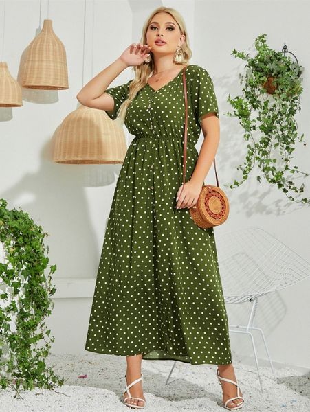 

plus polka dot v neck a-line dress p0jo#, Black