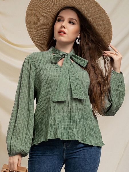 

plus textured tie neck lantern sleeve blouse 13hs#, Black