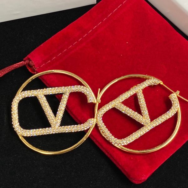 

charm fashion gold stud earrings design luxury brand jewelry designer zircon letter v pendant women 18k gold simple hoop earring factory ret, Golden;silver
