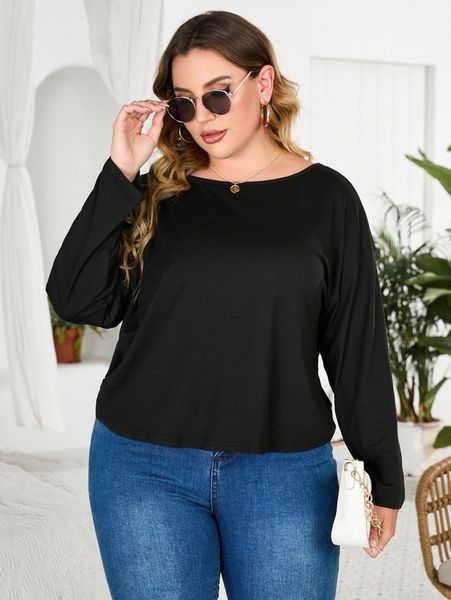 

plus solid backless tee s4ja#, Black