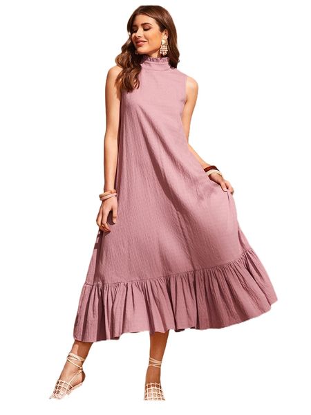 

frill mock neck ruffle hem dress without belt m6wp#, Black;gray