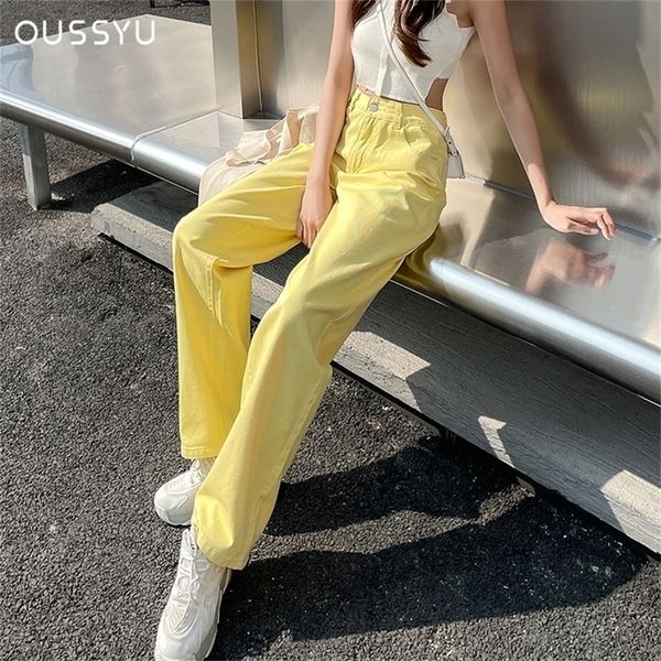 

womens jeans streetwear straight solid color high waist trouser baggy fashion girl student korean yellow wide leg denim pants 220701, Blue