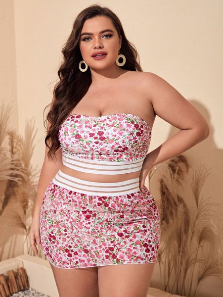 

plus ditsy floral contrast mesh bandeau bikini swimsuit x2ku#, White;black