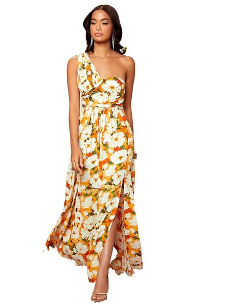

one shoulder allover floral print split thigh dress a4xe#, Black;gray