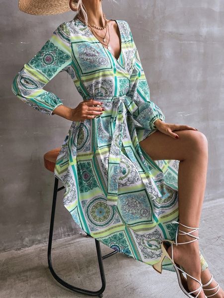 

scarf print surplice neck lantern sleeve belted dress n74t#, Black;gray