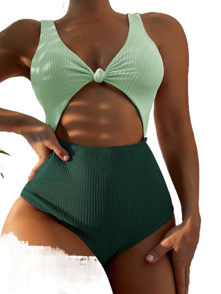 

knot front cut-out one piece swimsuit w5wi#, White;black