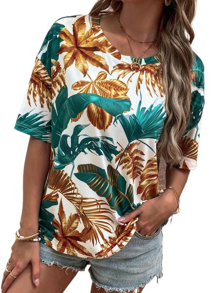 

tropical print drop shoulder tee e2es#, White