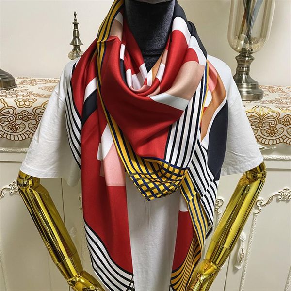 

new style good quality 100% twill silk material red print letters pattern square scarves shawl for women size 130cm - 130cm2710, Blue;gray