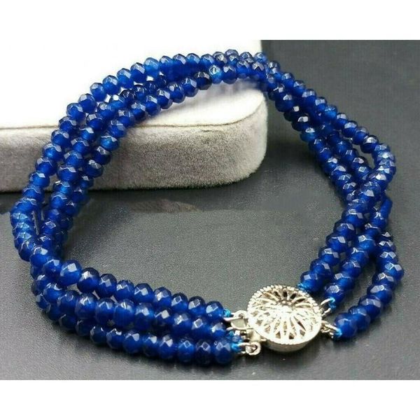 Colares de pendentes 3 fileiras naturais 2x4mm Blue Sapphire Facetado Gemstone RONDELLE BRACELETE 7.5 