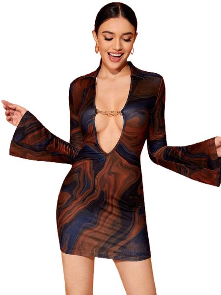 

x yelly gray marble print chain detail bodycon dress n3ow#, Black;gray