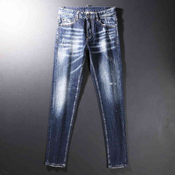 

men's jeans blue high street scraped slim fit little feet washed fashionable men's jeans casual long pants 25si