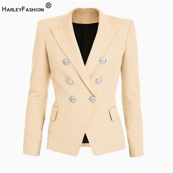 Primavera Autunno Design Europeo Americano Solid Beige Giacche Doppio Petto Bottoni Skinny Fit Blazer Plus Size Alta Qualità LJ201021