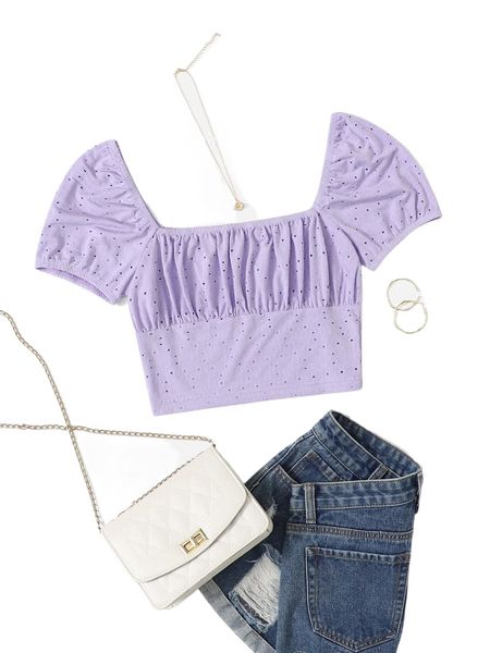 

pointelle knit ruched bust puff sleeve crop tee a1zm#, White