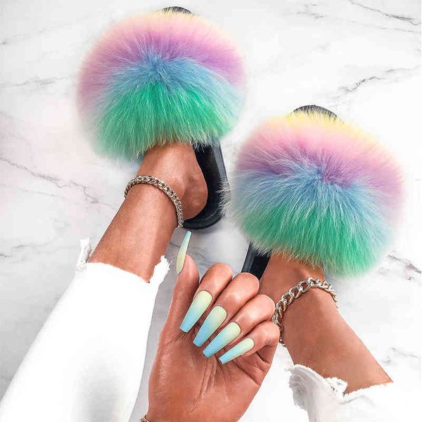 

slipper ethel anerson real raccoon fur slipper for women slide beach plush fluffy hairy designer sandal 220723, Black