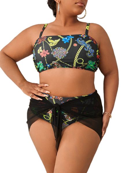 

plus 3pack floral & chain print bikini swimsuit & beach skirt n7fo#, White;black
