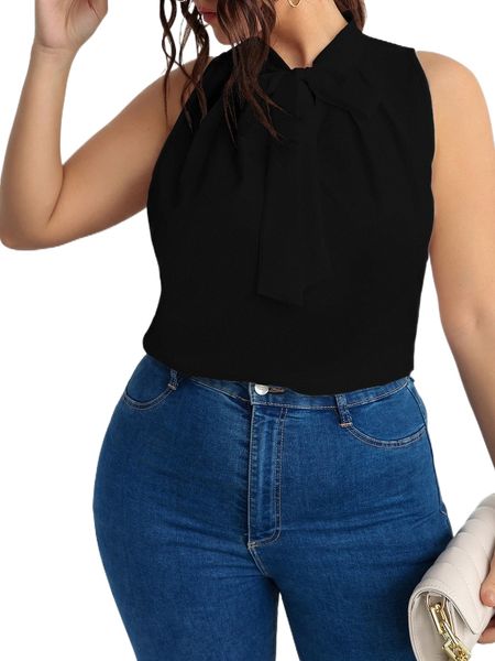 

plus solid sleeveless tie neck blouse g2b9#, Black