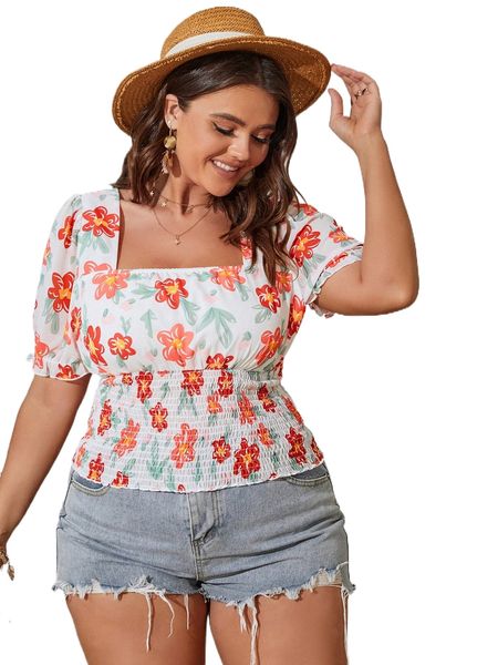 

plus floral print square neck puff sleeve shirred blouse 52a9#, Black