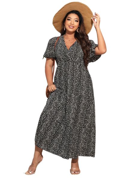 

plus allover print butterfly sleeve ruffle hem dress 60e1#, Black