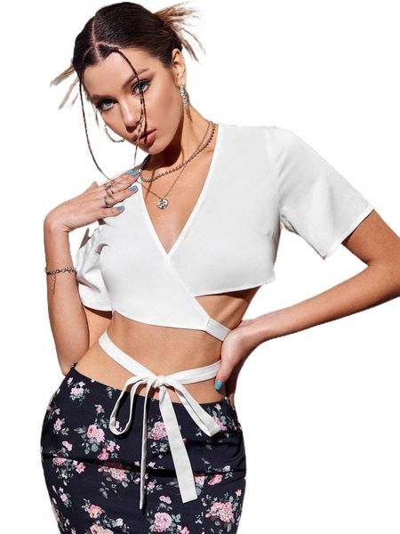

crisscross tie front crop blouse d1j6#, White