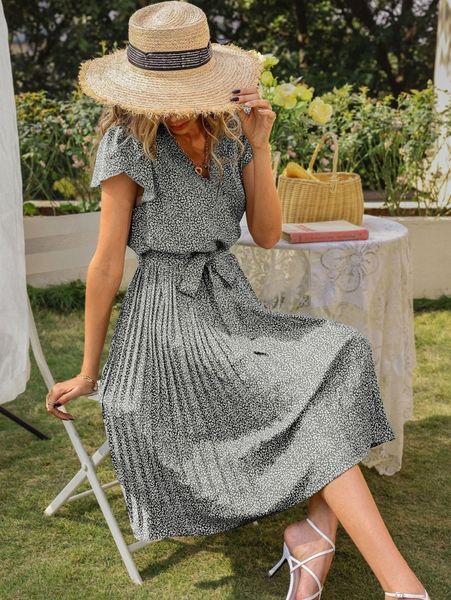 

allover print petal sleeve pleated belted dress q8ed#, Black;gray