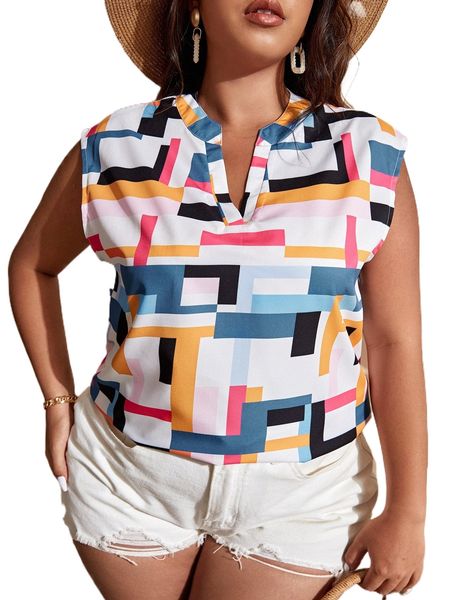 

plus geometrical print notched neck blouse i241#, Black