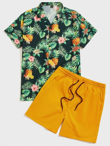 

men tropical print shirt & drawstring waist shorts set t52t#, Gray