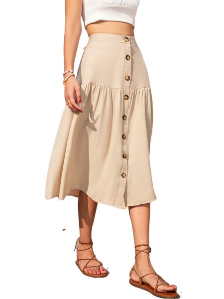 

solid high waisted button front skirt s3mh#, Black