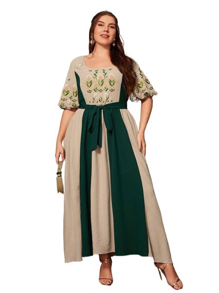 

plus floral embroidery two tone belted dress c5en#, Black