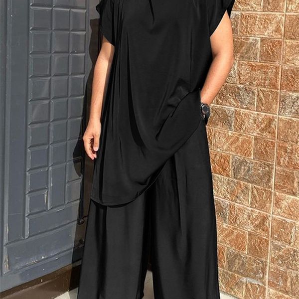 

incerun men sets muslim clothing plain baggy o neck short sleeve t shirt wide leg pants two pieces casual suits 220621, Gray
