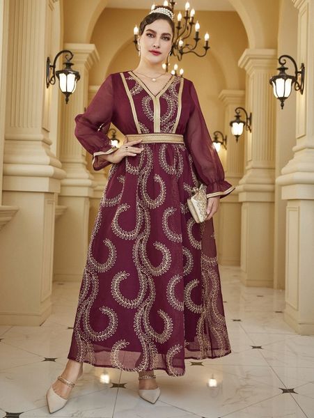 

plus random plant embroidered flounce sleeve belted dress s9fe#, Black