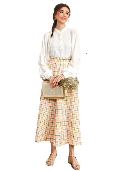 

x iman troye button half placket blouse and plaid skirt set g8tv#, White