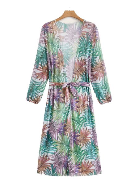 

plus tropical print belted kimono 64fh#, Black;gray
