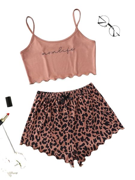 

letter pattern lettuce trim crop cami & leopard print shorts pj set m6zl#, Black;red