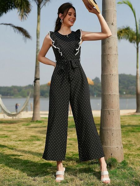 

confetti heart print ruffle trim belted jumpsuit p7c0#, Black;white