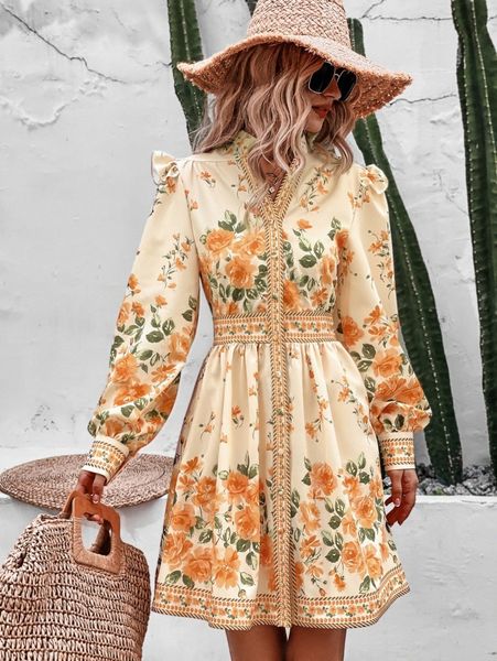 

floral print ruffle trim shirt dress v6yu#, Black;gray