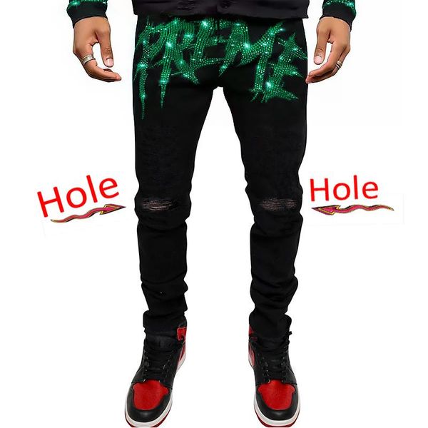 Jeans masculinos Men jeans calças lápis de jeans tetológica rasgada drillskinny slim fit hole calça preta letra punk rhinestone streetwearmen