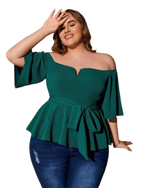 

plus off shoulder butterfly sleeve peplum belted tee x9nz#, Black