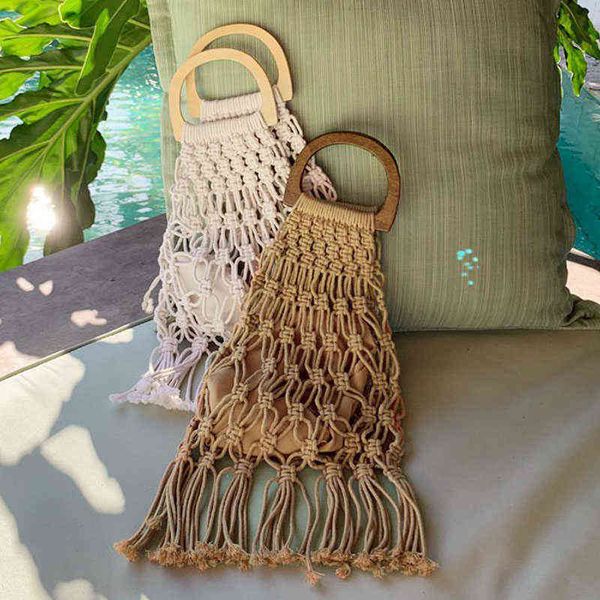 

hollow tassel rattan bags handmade wood handle womens handbags woven rope straw bag casual tote summer beach purse shopping sac 220427