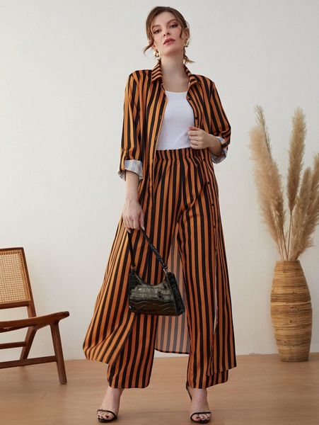 

striped print roll tab sleeve coat & pants 86xm#, White