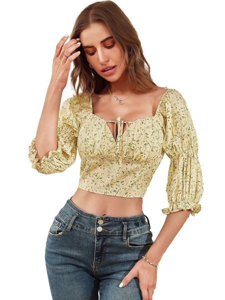 

ditsy floral gathered sleeve crop s6wf#, White
