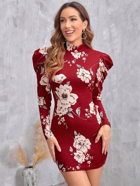 

floral print gigot sleeve bodycon dress without belt g0ed#, Black;gray