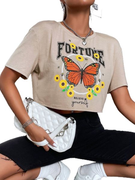 

butterfly & letter graphic crop tee y7kb#, White