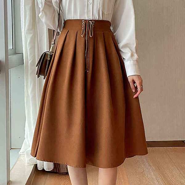 

midi skirt for women korean fashion lace up bow 2022 spring high waist skirts womens clothing pleated maxi skirt faldas largas l220714, White