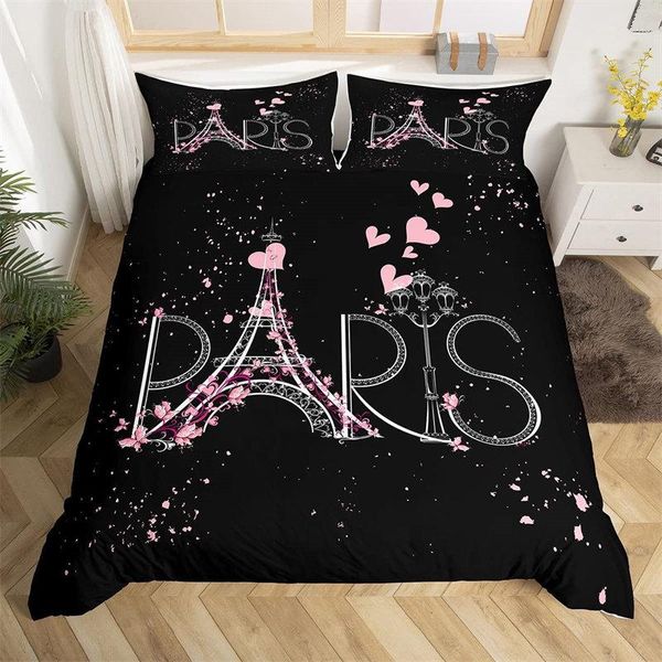 Bedding Sets Paris Eiffel Tower Duvet Capa Tema romântico Conjunto de paisagem urbana para crianças crianças adolescentes meninos meninas decoração de quarto setsb