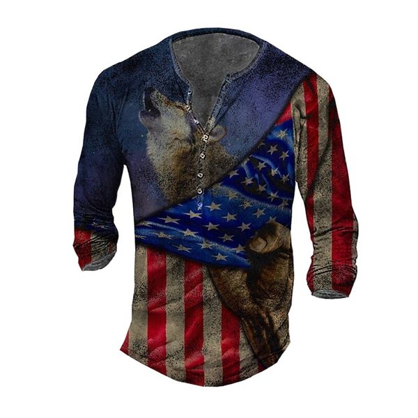 

men's henley shirt tee t shirt 3d print graphic wolf national flag plus size henley daily sports button-down print long sleeve basic c, White;black