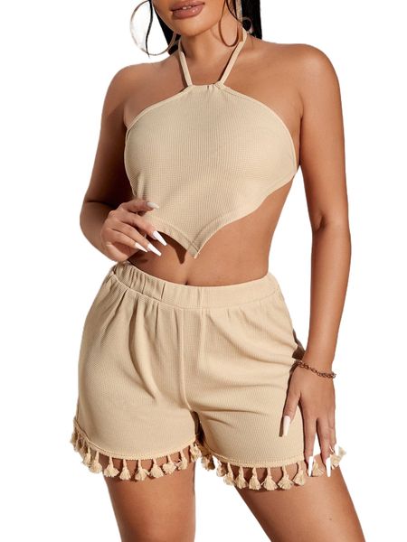 

sxy tie backless hanky hem halter & tassel trim shorts 312m#, White