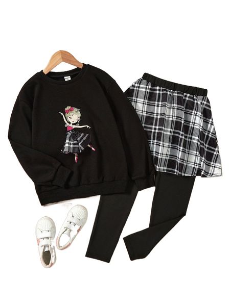 

girls figure graphic pullover & plaid 2 in 1 pants j1ev#, Black;white