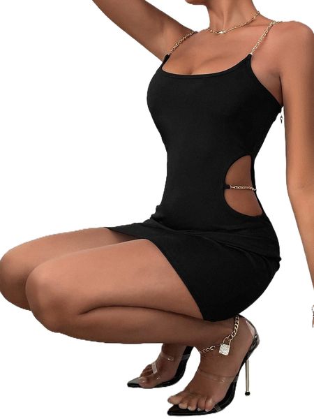 

solid chain linked detail cut out cami dress j1t8#, Black;gray