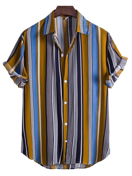 

romwe guys block striped curved hem shirt 67ec#, White;black