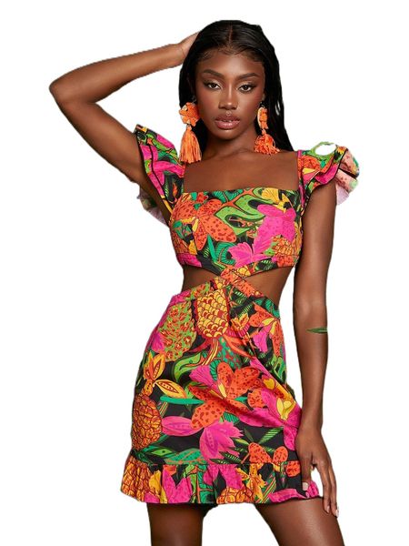 

newness floral butterfly sleeve cut out dress y0zq#, Black;gray